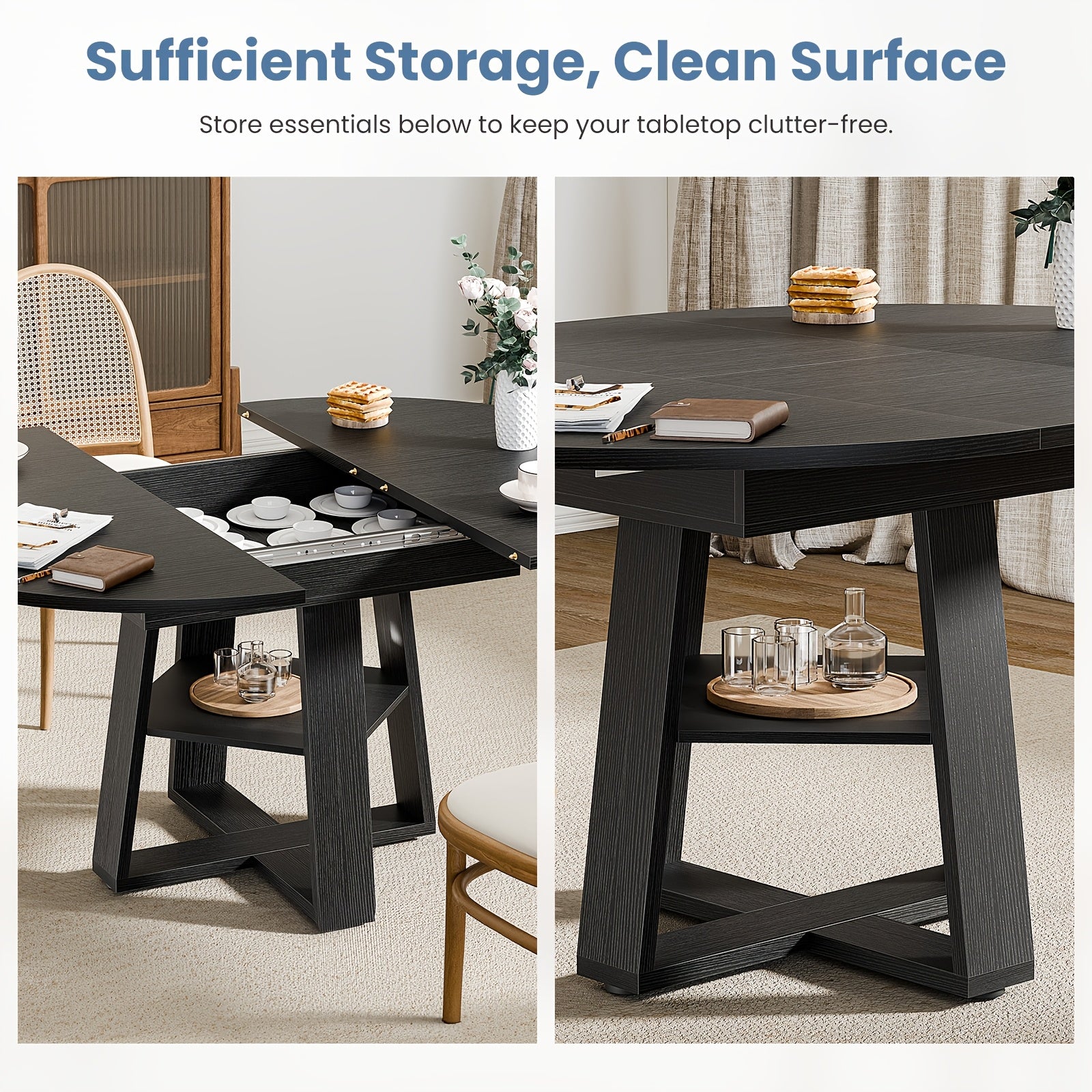 Extending Dining Table for 4 8, Space Saving with Storage Rack, Adjustable Oval Design for Kitchen And Living Room